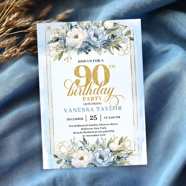 Refined light blue gold wreath 90th birthday   invitation (Refined light blue gold wreath 90th birthday invite)