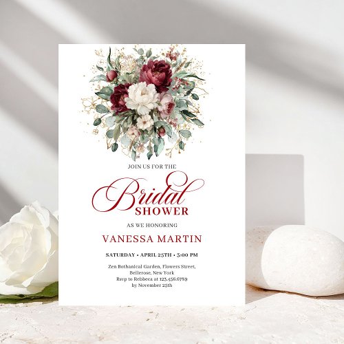 Refined Maroon Floral Gold Bridal Shower Invitatio