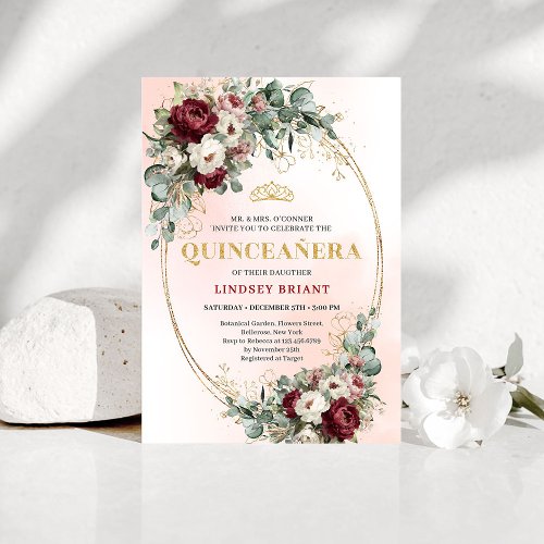 Refined Marsala Floral Gold Quinceañera Invitation