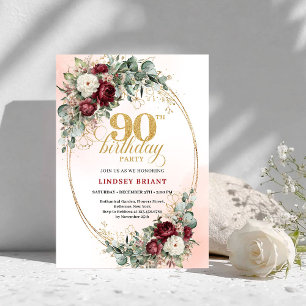 Refined Marsala Peonies Greenery 90th Birthday Invitation