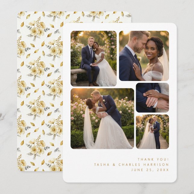Refined Minimalist 5-Photo Collage Wedding Thank You Card (Front/Back)