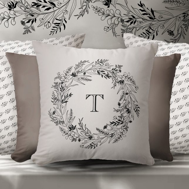 Refined minimalist leafy circle letter T Throw Pillow (Creator Uploaded)