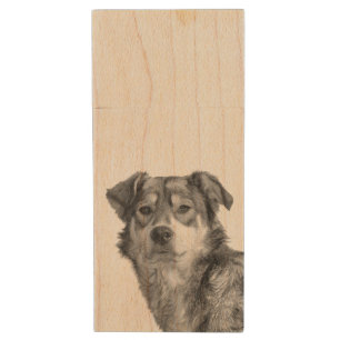 Refined Monochrome Large Mixed Breed Canine Wood Flash Drive
