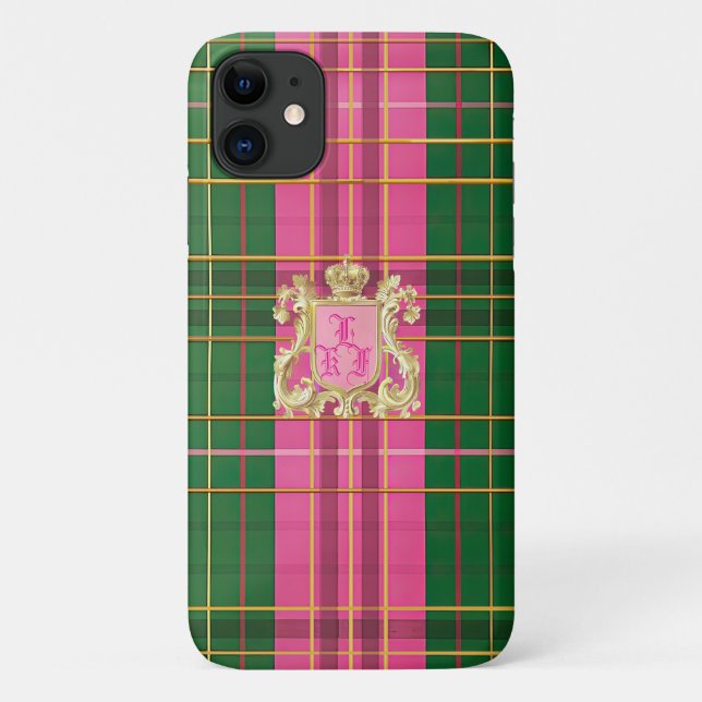 Refined Monogrammed Pink and Green Plaid  Case-Mate iPhone Case (Back)
