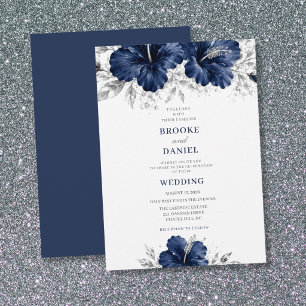 Refined Navy Hibiscus Silver Garland Wedding Invitation