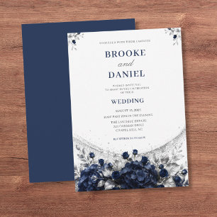Refined Navy Hydrangea Silver Shimmer Wedding Invitation