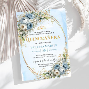 Refined Pastel Blue Gold Eucalyptus Quince Invites