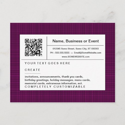 refined QR code  magenta plaid Invitation Postcard