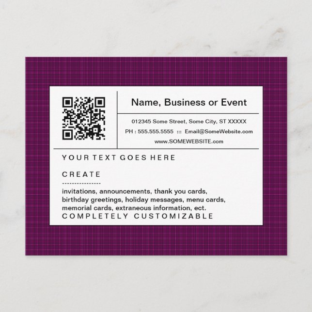 refined QR code : magenta plaid Invitation Postcard (Front)