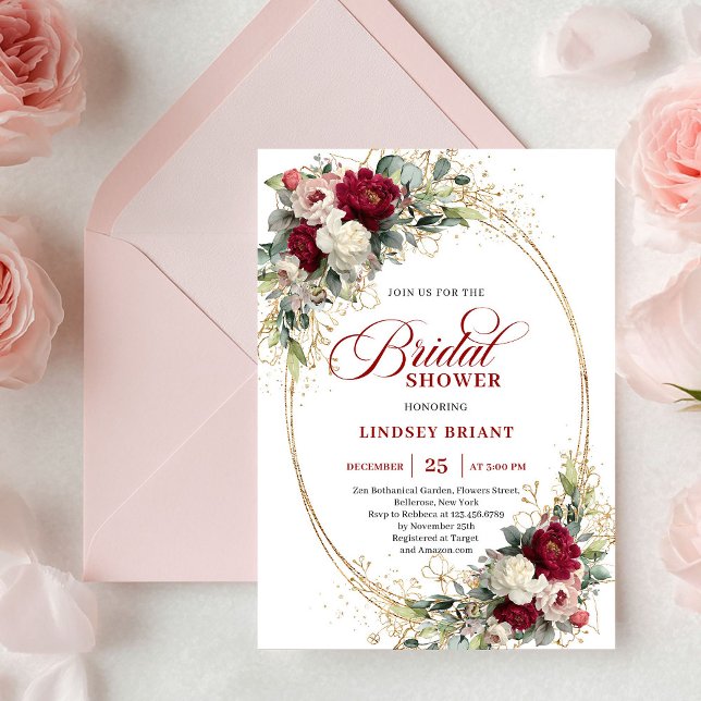 Refined Red and White Roses Gold Bridal Shower  Invitation (Refined Red and White Roses Gold Bridal Shower Invite)