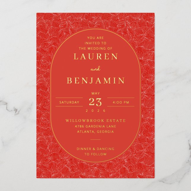 Refined Red Floral Pattern Foil Invitation (Front)