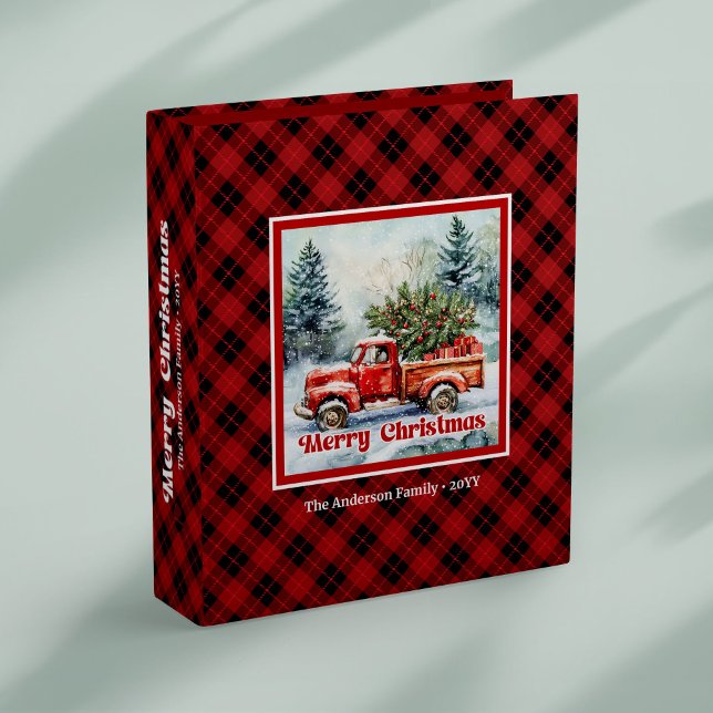 Refined red truck holiday scene rustic plaid album 3 ring binder (Refined red truck holiday scene rustic plaid binder design

)