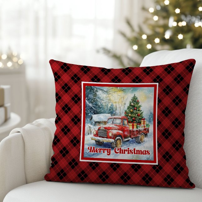 Refined red truck holiday scene rustic red green  throw pillow (Refined red truck holiday scene rustic red green pillow

)