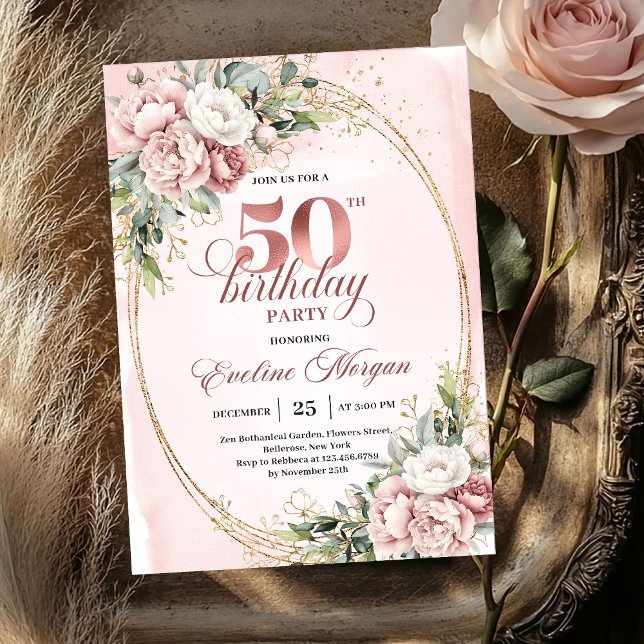 Refined Rose Gold Greenery 50th Birthday Invite (Refined Rose Gold Greenery 50th Birthday Invite)