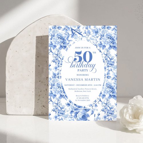 Refined Royal Blue Toile de Jouy Floral 50 Birthd