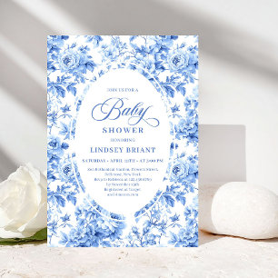 Refined Royal Blue Toile de Jouy Floral Baby Showe Invitation