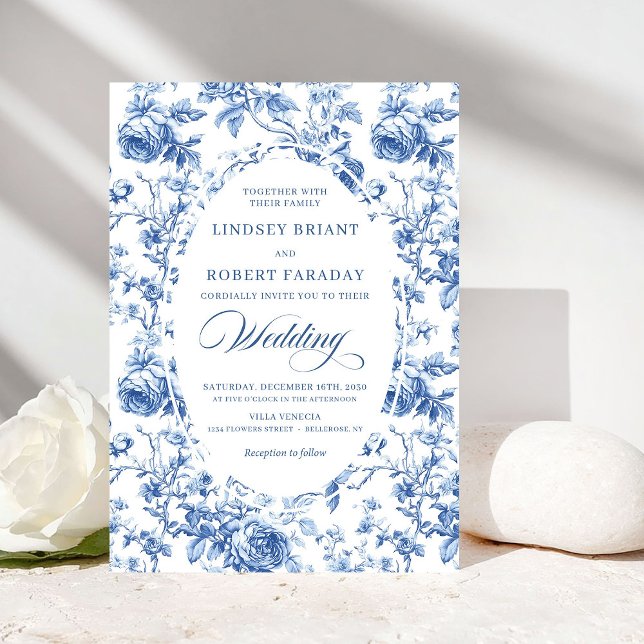 Refined Royal Blue Toile de Jouy Floral Wedding  Invitation (Refined Royal Blue Toile de Jouy Floral Wedding Invite)