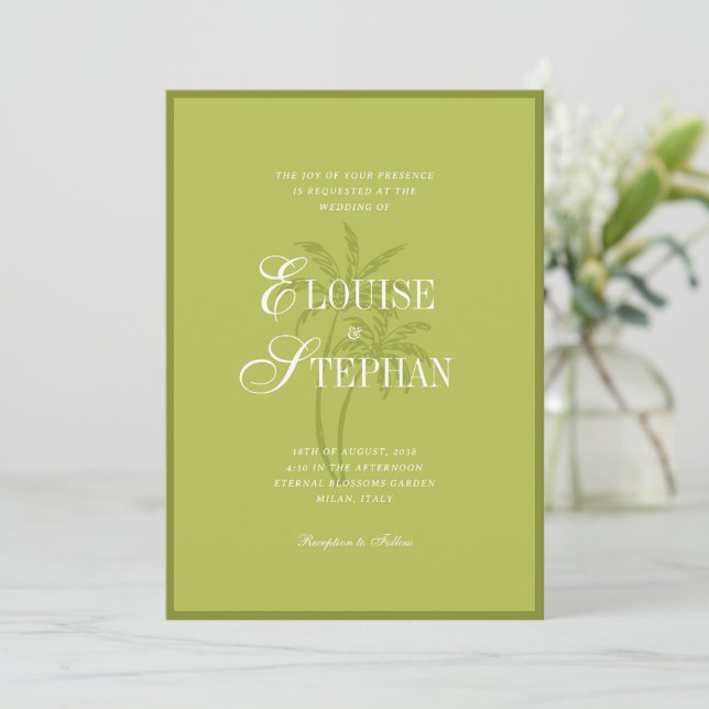 Refined Script Palm Tree Chartreuse Beach Wedding Invitation (Standing Front)
