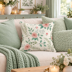 Refined Shabby Chic Mint Pink Rose Accent Pillow