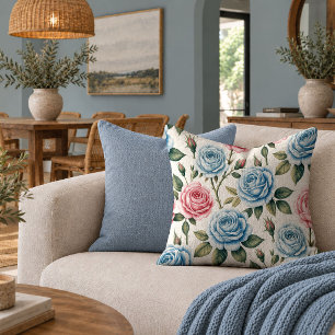 Refined Shabby Chic Roses Dusty Pink Blue Accent Throw Pillow