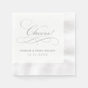 Refined Silver Cheers Calligraphy Wedding Napkins