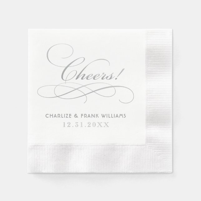 Refined Silver Cheers Calligraphy Wedding Napkins (Front)
