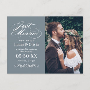 Refined Slate Blue Just Married Photo Announcement Postcard