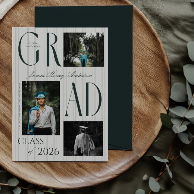 Refined Stripes 3 Photo Graduation Announcement (Old money 5x7 classic 3 photo graduation announcement with a dark envelope on a wood and greenery)