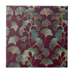 Refined Teal Ginkgo with Gold Accents Ceramic Tile