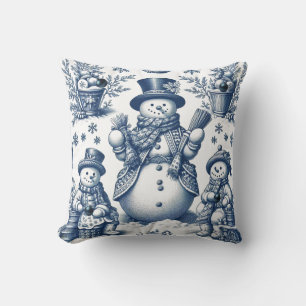 Refined Toile Blue Snowman Pattern Throw Pillow