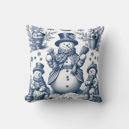 Refined Toile Blue Snowman Pattern  Throw Pillow