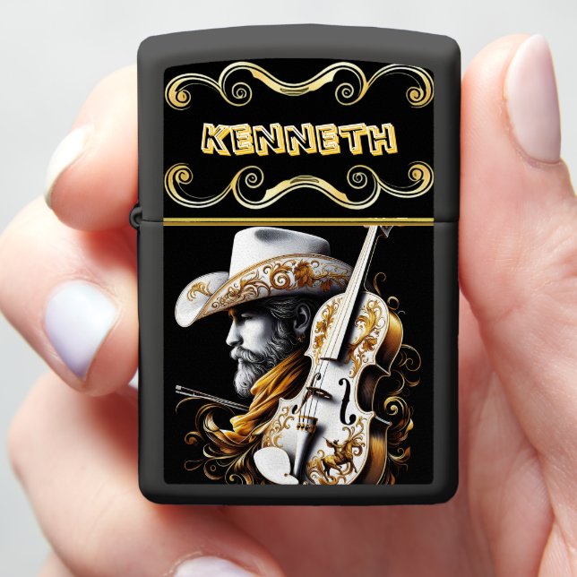 Refined Violin With Bold Cowboy Art Zippo Lighter (In Hand)