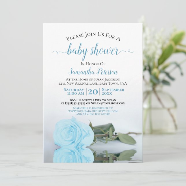 Reflecting Blue Rose Elegant Baby Boy Shower Invitation (Standing Front)