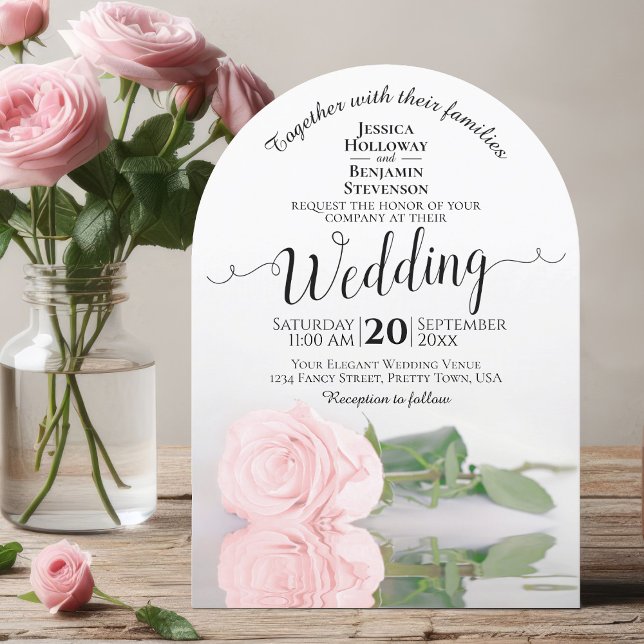 Reflecting Blush Pink Rose Elegant Arch Wedding Invitation (With Arch Cut)