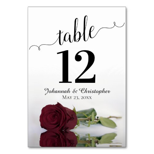 Reflecting Burgundy or Maroon Rose Elegant Wedding Table Number
