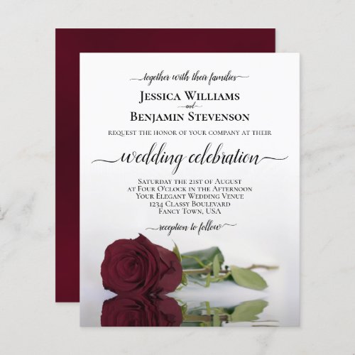 Reflecting Burgundy Rose BUDGET Wedding Invite