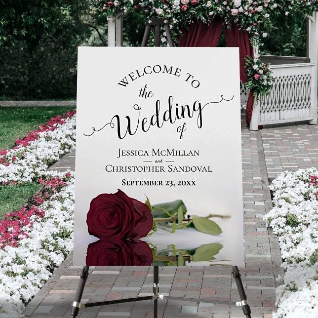 Reflecting Burgundy Rose Elegant Wedding Welcome Foam Board (In Situ on Stand with Flowers)