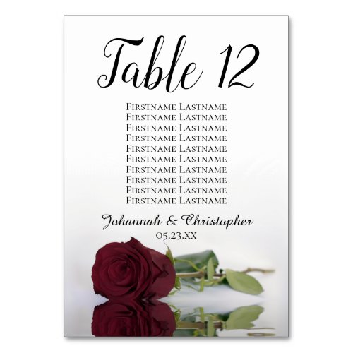 Reflecting Burgundy Rose Seating Chart Wedding Table Number