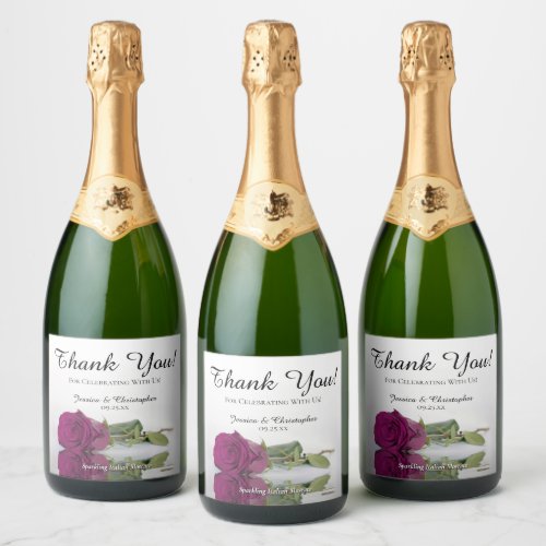 Reflecting Cassis Magenta Rose Wedding Thank You Sparkling Wine Label