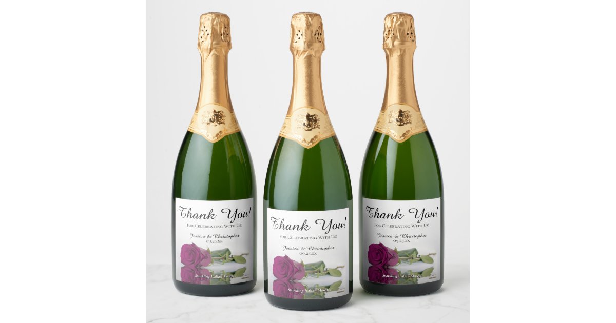Reflecting Cassis Magenta Rose Wedding Thank You Sparkling Wine Label ...