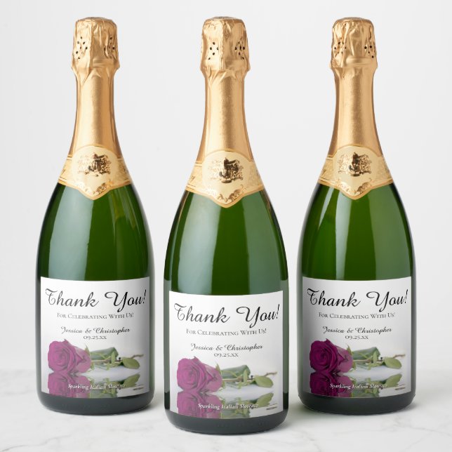 Reflecting Cassis Magenta Rose Wedding Thank You Sparkling Wine Label (Bottles)