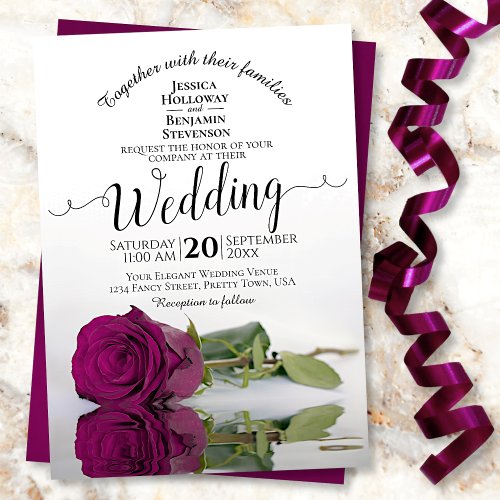 Reflecting Cassis Purple Rose Elegant Wedding Invitation