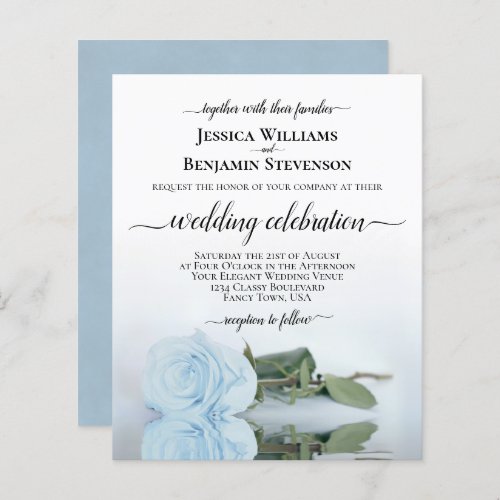 Reflecting Dusty Blue Rose BUDGET Wedding Invite