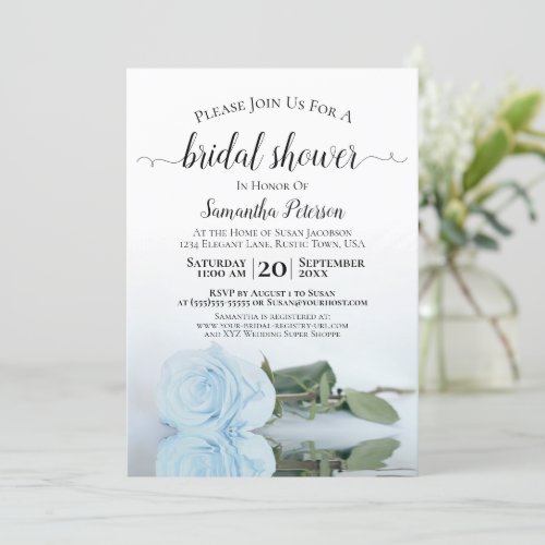 Reflecting Dusty Blue Rose Elegant Bridal Shower Invitation