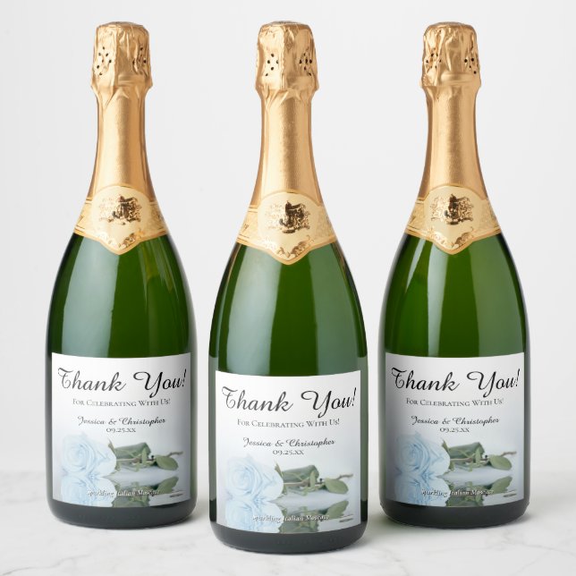 Reflecting Dusty Blue Rose Wedding Thank You Sparkling Wine Label (Bottles)