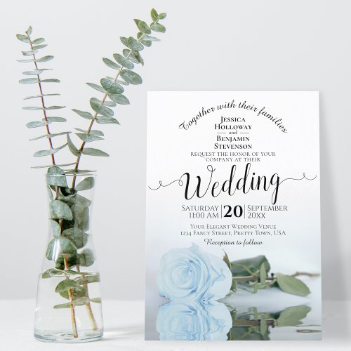 Reflecting Dusty Powder Blue Rose Elegant Wedding Invitation