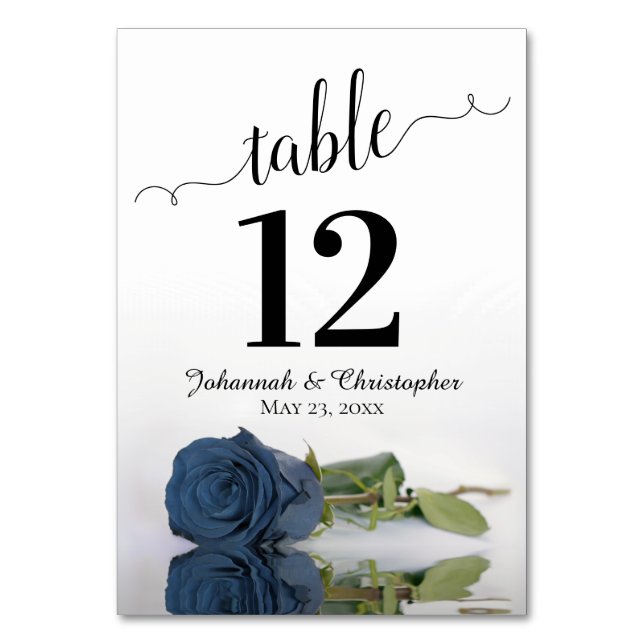 Reflecting Dusty Steel Blue Rose Elegant Wedding Table Number (Back)