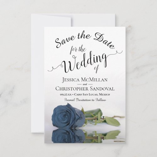 Reflecting Dusty Steel Blue Rose Romantic Wedding Save The Date