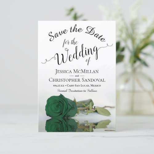 Reflecting Emerald Green Rose Romantic Wedding Save The Date