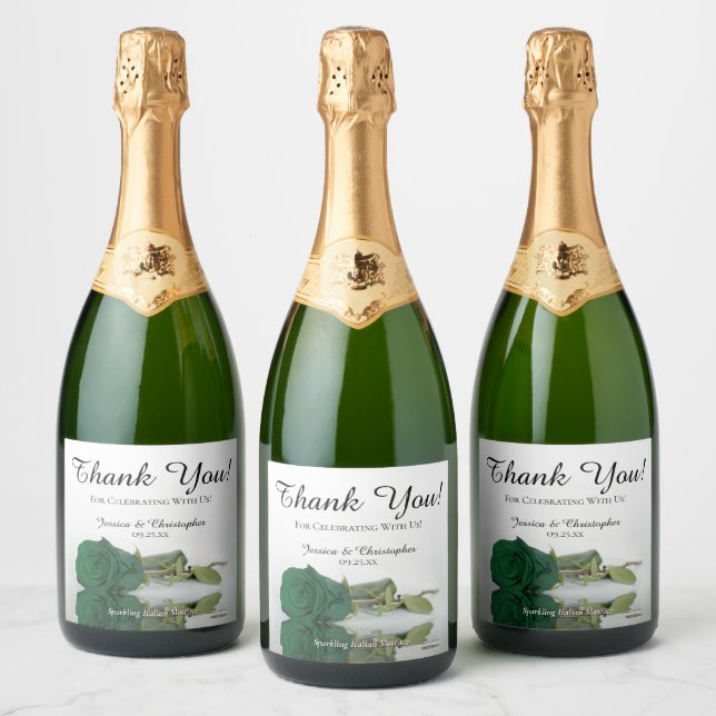 Reflecting Emerald Green Rose Wedding Thank You Sparkling Wine Label (Bottles)